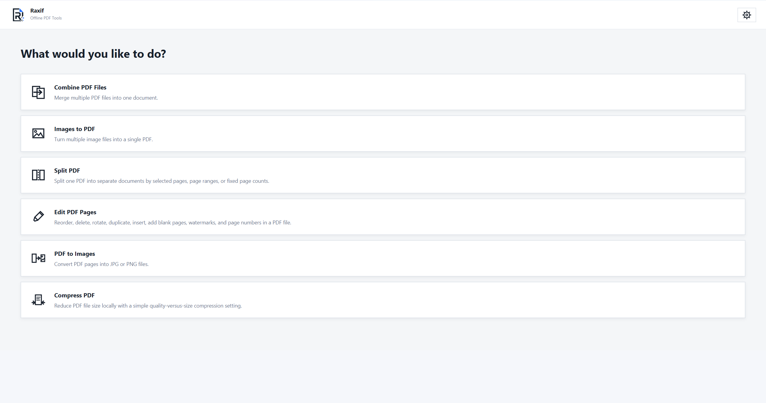 Screenshot of the Raxif desktop application home screen