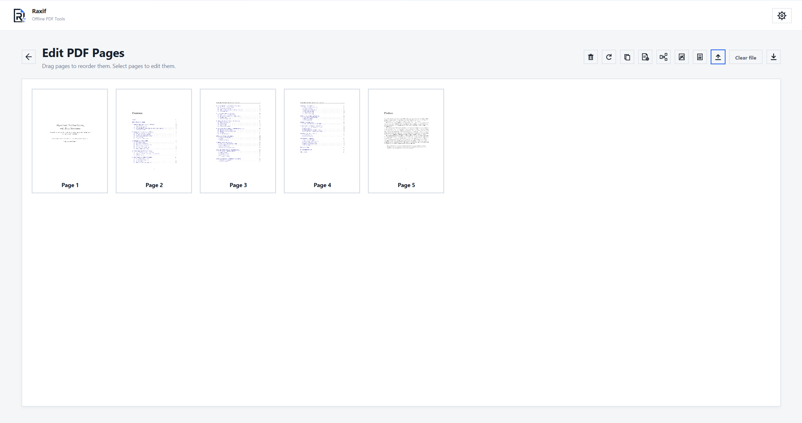 Screenshot of the Edit PDF Pages screen in Raxif